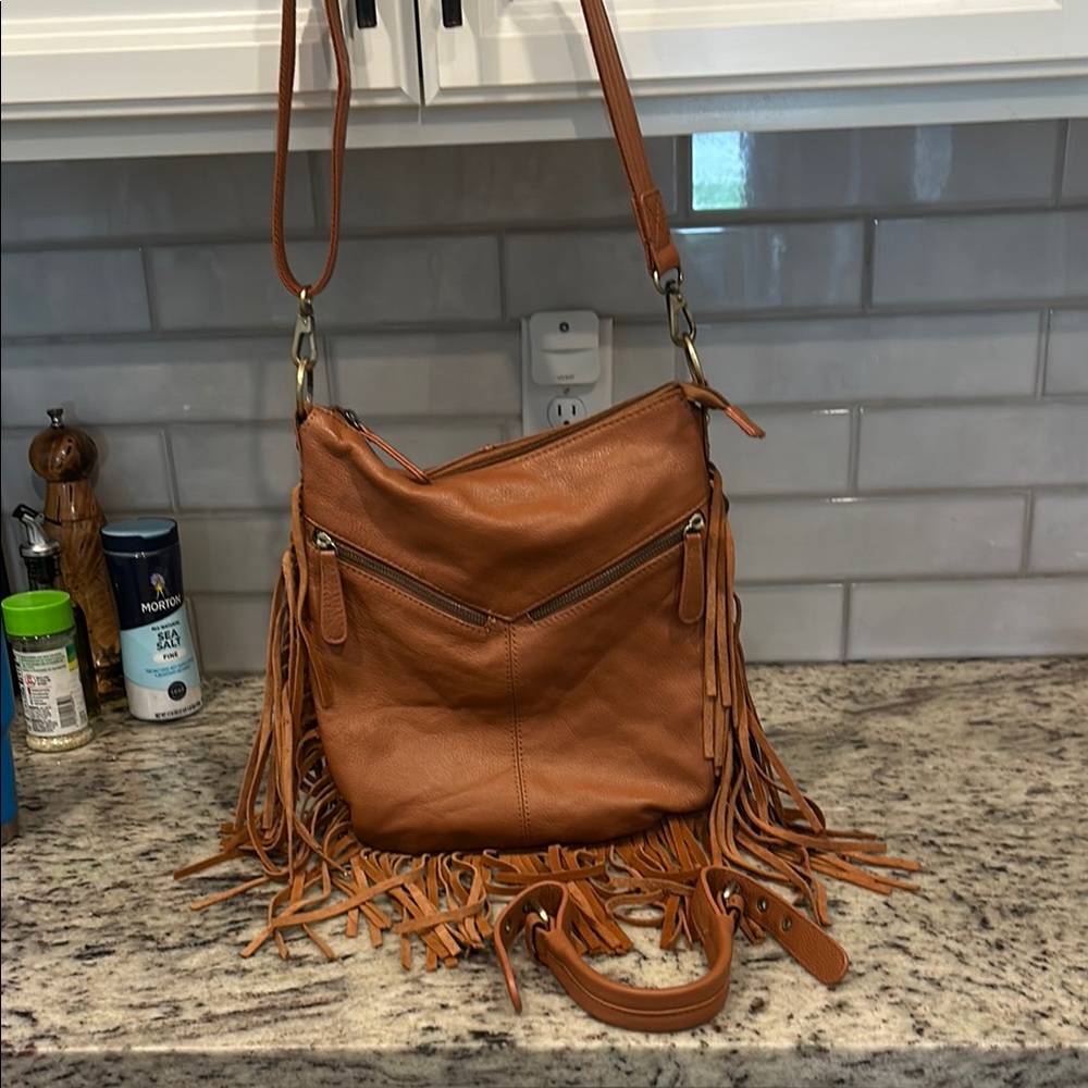 Roma Tan Fringe Leather Shoulder Bag